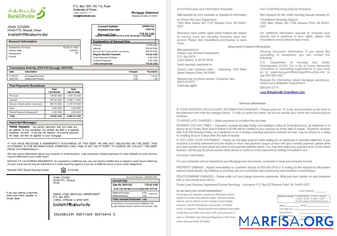Downloadable Omani Bank Dhofar mortgage statement in Word and PDF formats real example